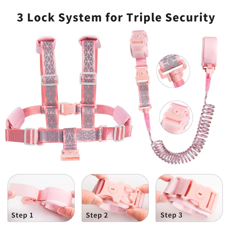 bearcouple Toddler Leash Harness Backpack 4-in-1, Anti Lost Wrist Link & Safety Strap for Kids Boys Girls, Reflective Adjustable Baby Walking Belt for Park Zoo Travel, Child Cute Reins (Pink) - Image 3